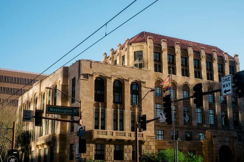 Historic brick and terracotta building on a street corner in downtown Phoenix, Arizona