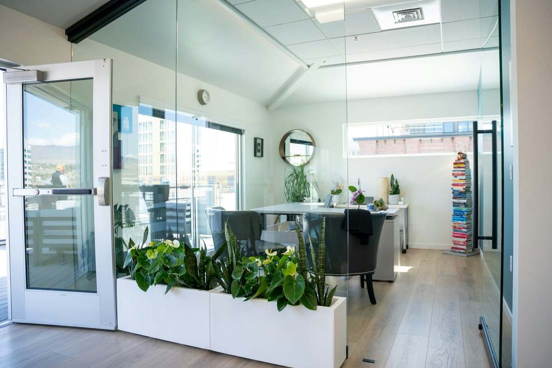 Bright modern office with glass walls, desks, and a planter-lined workspace