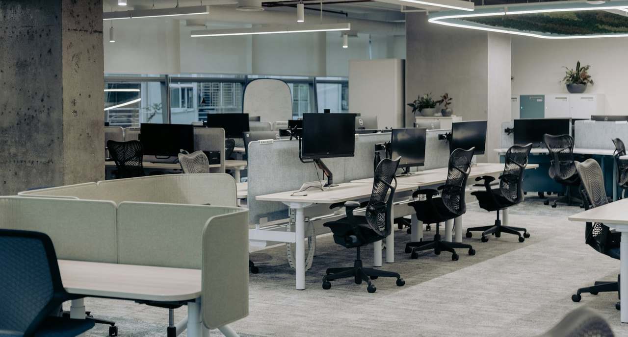Bright open-plan office with rows of desks, monitors, and task chairs
