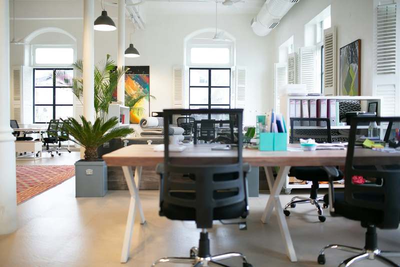 Bright workspace with desks, chairs, and plants under arched windows
